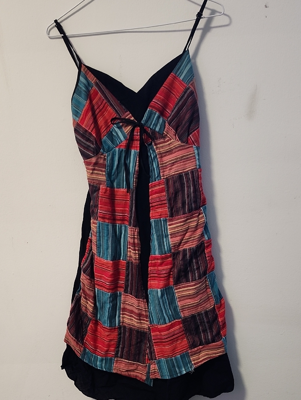 Source Unknown Multicolor Patchwork Midi Dress - Red, Teal, Brown